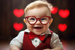 © Tetiana - Image photo of cheerful beautiful kid wearing stylish big red glasses on valentine day generative AI concept
