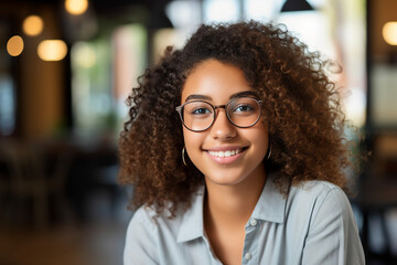 Generated by AI photo portrait of charming cheerful girl spending free time weekend after educational week in restaurant