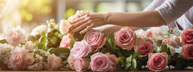 Cropped view of florist hands making flower bouquet on table surface