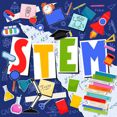 Wall Mural - STEM. Science, technology, engineering, mathematics. Science education collage with hand written word 