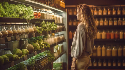 Woman standing in front of shelves with fresh fruit and vegetable, choosing concept, big assortment, Buying healthy organic food in supermarket.