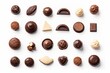 Collection of various chocolate pieces on white background. Generative AI