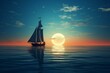 Scenic sailing vessel on calm daylight sea with moon - rendered. Generative AI