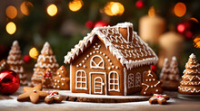 Christmas baking gingerbread house decorated with white icing