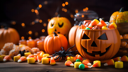 Halloween candy in the shape of pumpkins and spiders.