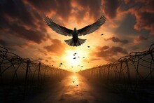 The Liberation Concept, As A Fence Grid Transforms Into A Dove, Flies Away, And Escapes Into The Sunset. Generative AI