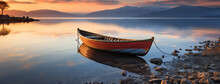 Wide Photograph Of An Isolated Fishing Boat Floating On A  Calm River In The Evening