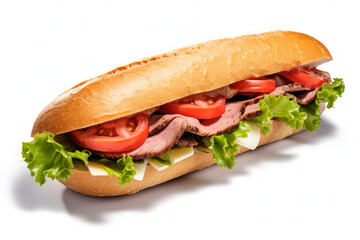 Wall Mural - A delicious roast beef sandwich with swiss cheese, lettuce and tomato on a french bread baguette isolated on white background