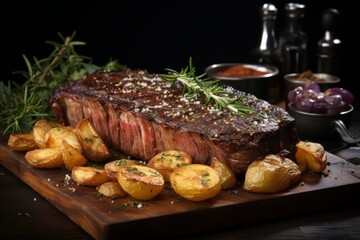 Grilled beef steak with potatoes and herbs on a wooden board