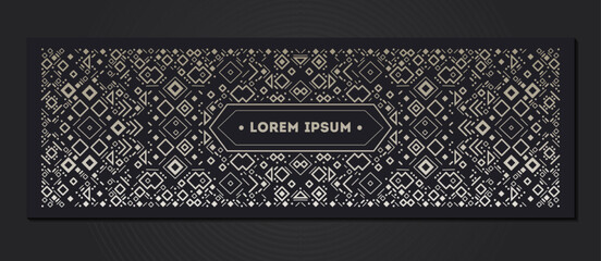 Vector tribal cover template, decorative aztec border. Black and white art decoration shapes. Line style with space for text - geometric ethnic frame, luxury packaging, advertising, banner