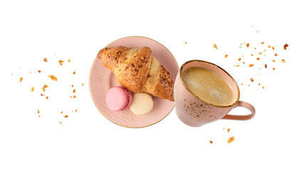 Wall Mural - Hot coffee cup, fresh baked nut croissant and sweet cookies macarons macaroons with crumbs on vintage pink plate flying isolated on white