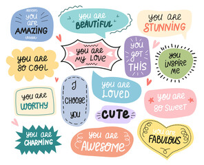 Set of inspirational speech bubbles with compliments, quotes about love for yourself and others. Vector typography for cards, posters, t-shirts, badges, stickers, etc.
