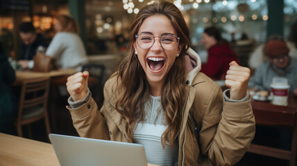 Wall Mural - Excited overjoyed young family couple winners feel lucky got sale discount offer by email look at laptop screen.