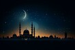 Silhouette of mosques with dome and crescent moon on dark twilight background, symbolizing religious Muslim events such as Muharram, Ramadan, Eid al-Fitr, and Islamic new year. Generative AI
