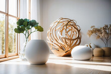 Modern, contemporary, minimalist Scandinavian room with bright natural lighting and organic sculptures