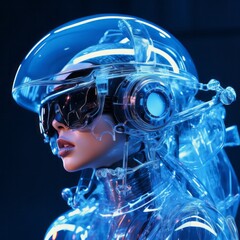 A mysterious woman in a striking futuristic garment peers out from behind a pair of sci-fi inspired goggles, her gaze inviting us to explore a world beyond our own