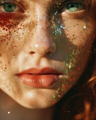 A beautiful portrait of a y2k woman with red hair, freckles, and glittery eyelashes, celebrating the new year with confetti and joy, captures the essence of an unforgettable party