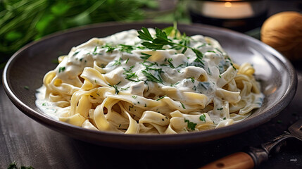 Alfredo pasta dinner with creamy white sauce and herbs. Generative Ai