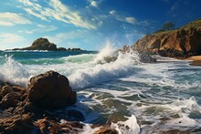 Bright Shoreline With Crashing Waves Against Rocks And Water Splashing In A Wide-angle Vista. Generative AI