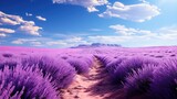 Fototapeta Do przedpokoju -  a purple field with a dirt path leading to a mountain.  generative ai