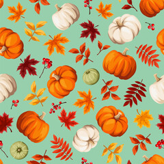 Wall Mural - Autumn seamless pattern with orange, brown, and yellow autumn leaves, orange and white pumpkins, and rowanberries on a green background. Vector seamless background