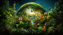 Earth With Lush Vegetation And Plants To Protect Our Planet's Future
