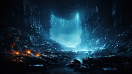  a dark cave with a stream of water in the middle of it.  generative ai