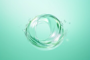 3d clear water splashing round frame isolated on clean green background, liquid stream motion ring.