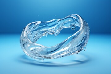 3d clear water splashing round frame isolated on blue background, liquid stream ring.