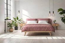Cozy, Feminine Bedroom With Pink Bed, Decorative Cushions And Plant On A Wooden Stool Standing Against White, Empty Wall. Real Photo With A Place For Your Furniture