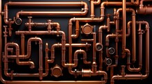 Copper Pipes Background. Round Shaped Metal Pipes, Banner. Products For Housing And Communal Services, Construction Industry.