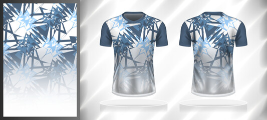 Vector sport pattern design template for V-neck T-shirt front and back with short sleeve view mockup. Shades of blue-grey-white color gradient abstract grunge texture background illustration.