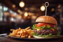 Hamburger With French Fries With Bokeh Background