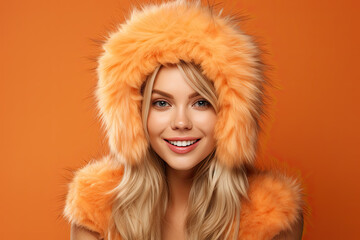 Portrait of a beautiful happy young woman in an orange fur hat, on an orange background