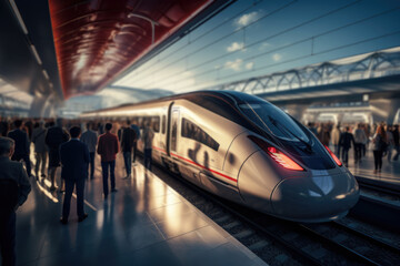 Poster - Commuters boarding a modern high-speed train, embodying the evolution of rail technology. Generative Ai.