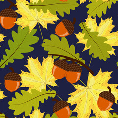 Wall Mural - Acorn and leaves autumn vector seamless pattern
