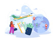 Happy woman using skiplagging hack for cheap plane tickets. Boarding pass, wallet with banknotes, globe with route for saving money vector illustration. Sliplagging, traveling, vacation concept