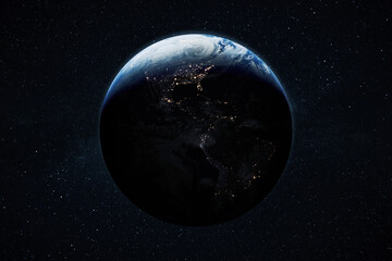 Wall Mural - amazing blue planet earth with night city lights. north and south america at night viewed from space