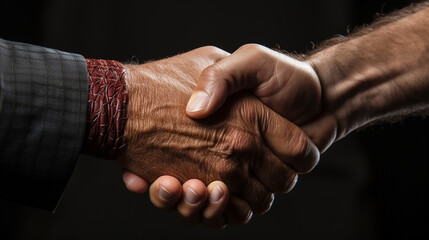 Wall Mural - Two people shake hand in black background 