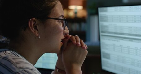 Stress, computer and business woman at night with network problem, online issue and 404 error. Information technology, programming and female worker for planning, schedule and data analysis on screen