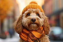 Cute Dog Dressed In A Autumn /Fall Scarf And Hat 