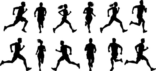 Silhouette people running on white background, Lifestyle man and women exercise vector set, isolate shape group girl and boy jogging, Shadow marathon human illustration. ai generated illustration