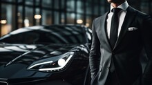 Elegant Driver In Suit Next To A Luxury Car: Close-up View. Generative Ai