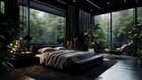 Fototapeta  - Czarna elegancka nowoczesna minimalistyczna sypialnia z dużymi oknami