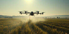Drone Flies And Sprays Fertilizer And Pesticides Over Wheat Fields.