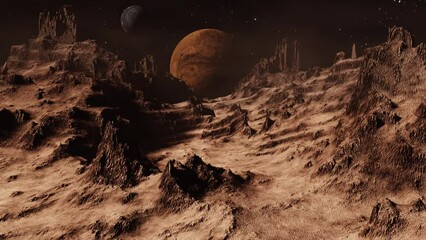Wall Mural - Alien planet dramatic landscape dolly camera movement 3D render.