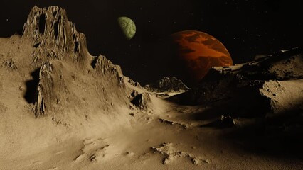 Wall Mural - Alien planet dramatic landscape dolly camera movement 3D render.