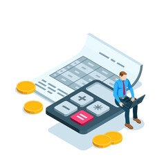 Wall Mural - isometric business man sitting on a calculator over a sheet of paper with a table in color on a white background, accountant or tax calculation