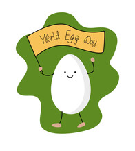Cartoon Egg Holding A Flag With Text. World Egg Day. Calligraphy Lettering. Vector Illustration, Background Isolated.