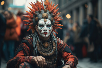 Sticker - A street performer showcasing traditional mask-changing artistry. Generative Ai.